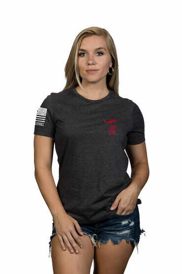 Nine Line God and America Over Everything Women's Short Sleeve T-Shirt in Charcoal Heather is made of 50% cotton and 50% polyester